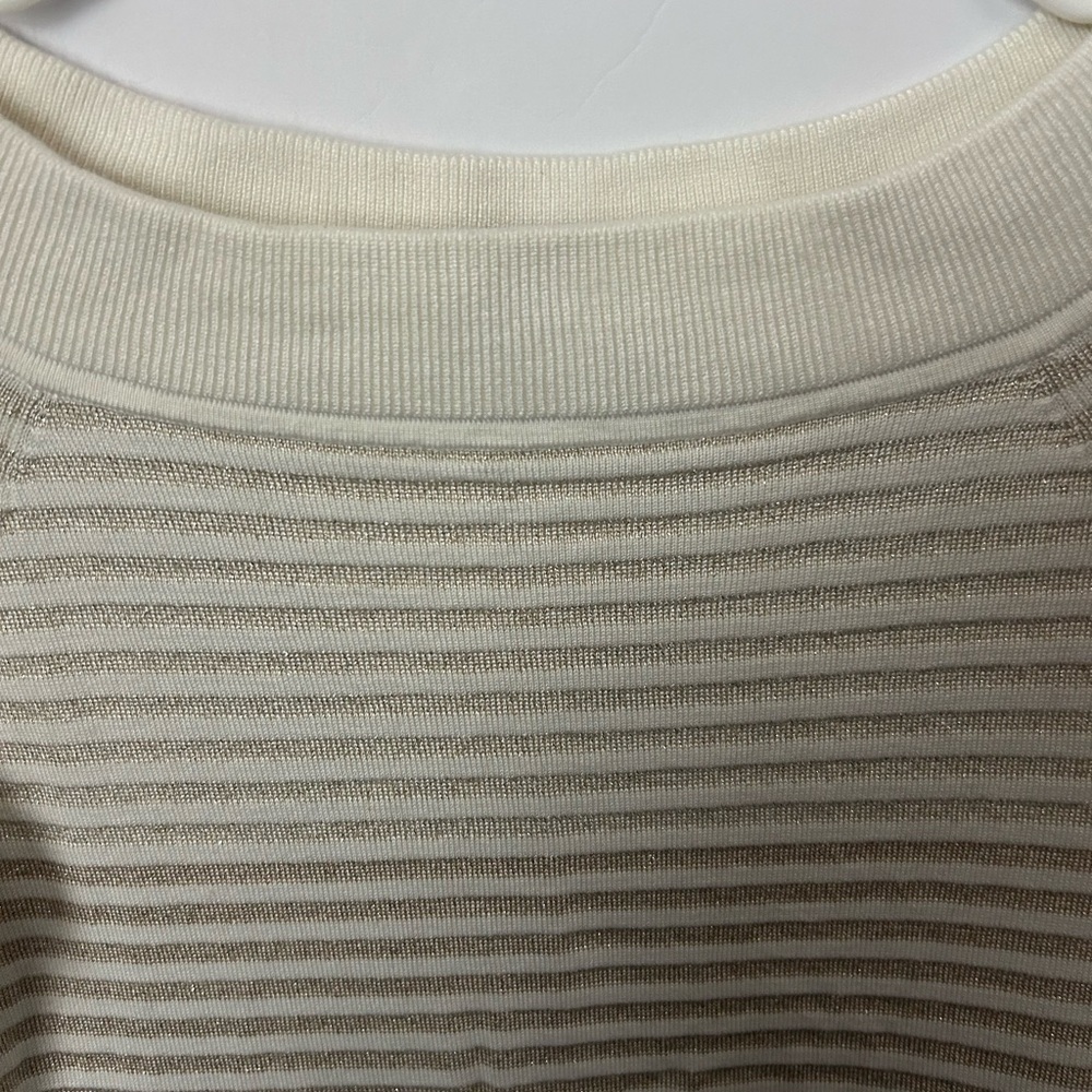 White House Black Market Cream & Gold Striped Sweater buttons on sleeve S flaws - Picture 2 of 5